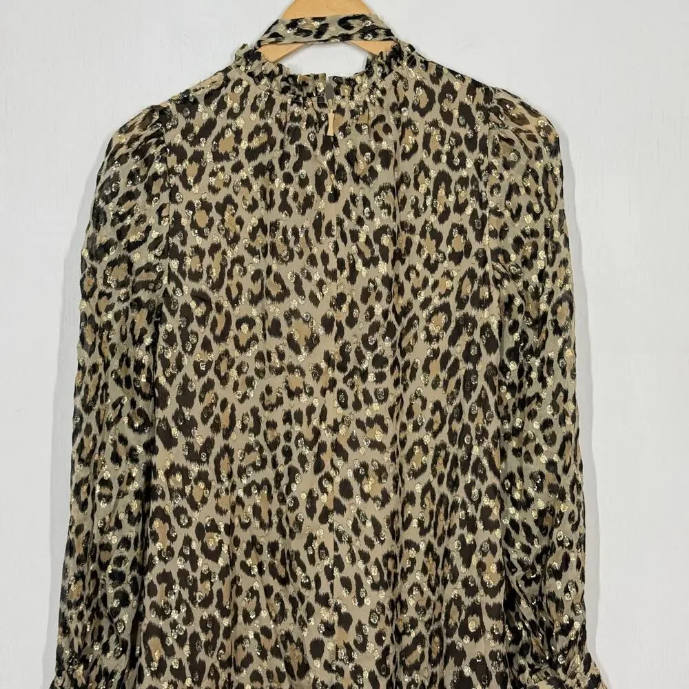 Kate Spade Mini Dress Womens Size 2 Beige Leopard Silk Blend Metallic Ruffle Dot